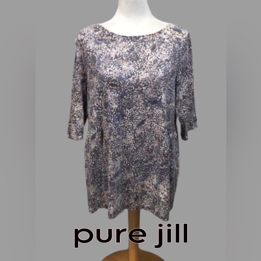 pure jill Tunic Top, Side Gathers, 3/4 Length Sleeves, Gray/Peach/Purple, Size L
